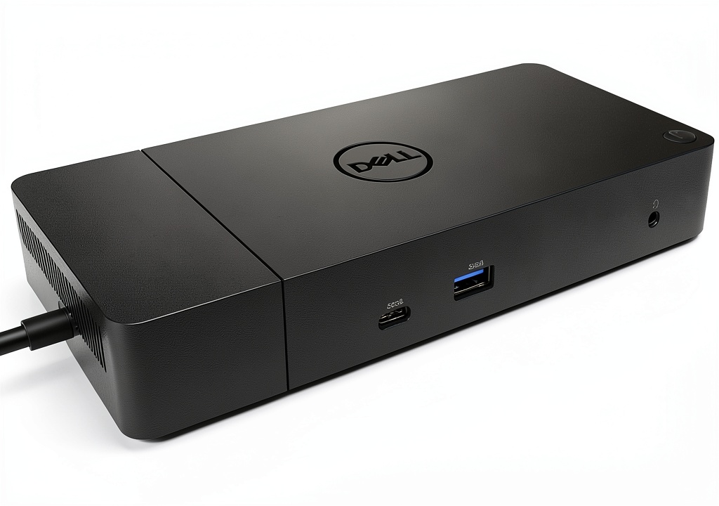Dell docking station connected to laptop and monitors