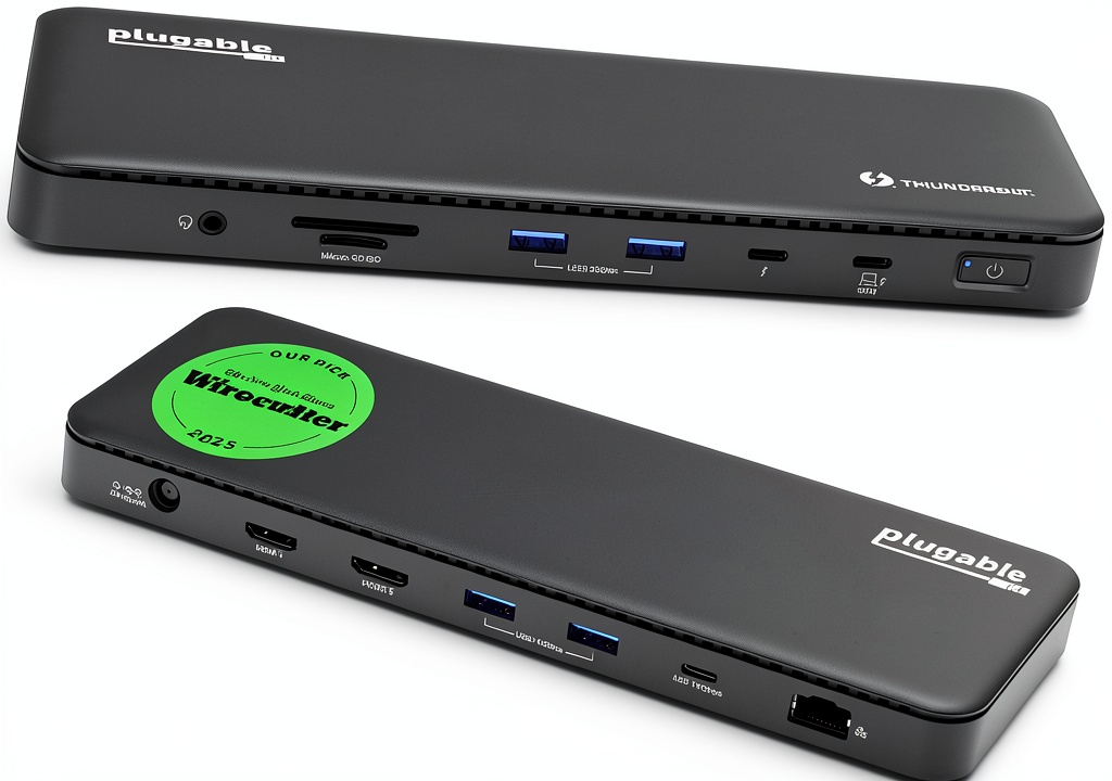 Plugable Thunderbolt dock connected to dual 4K monitors on a modern desk