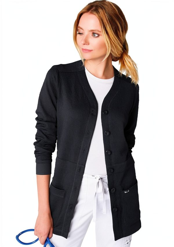 KOI 440 Women's Claire Sweater Scrub Jacket Floral Jacquard Black-0